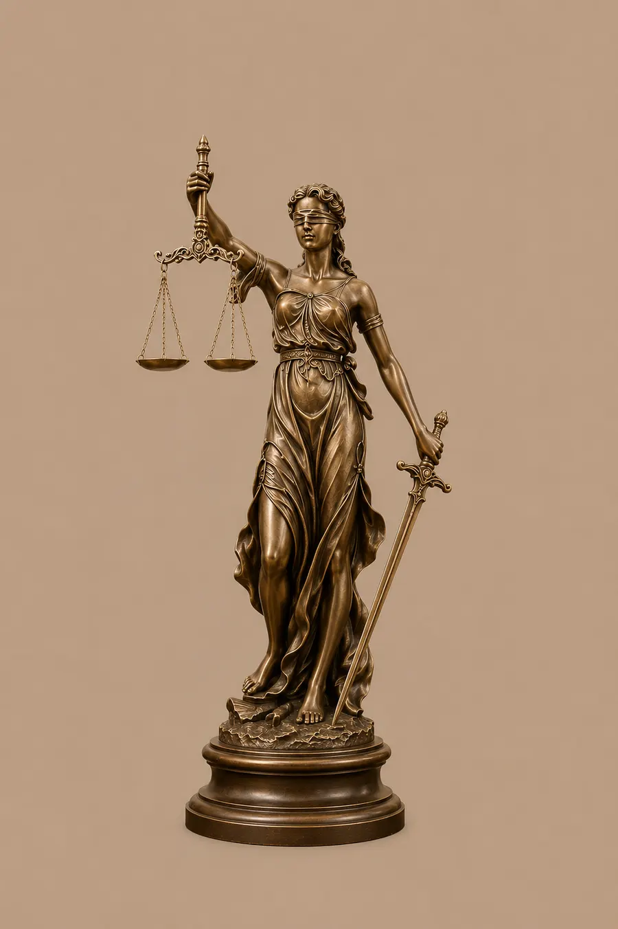 Estátua em bronze da Justiça, de olhos vendados, segurando a balança e a espada
