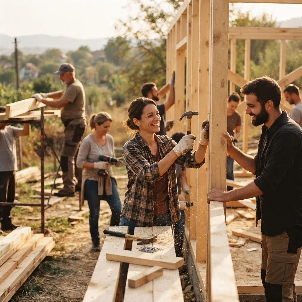 Voluntários trabalhando juntos na construção de uma moradia de madeira